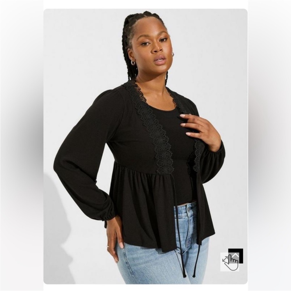 Torrid 00 Black Super Soft V-neck Front Tie Lace Trim Top